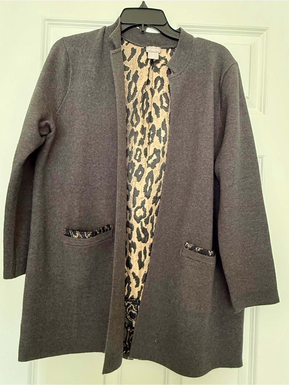 Chico's Charcoal Open-Front Coat with Leopard-Print Lining